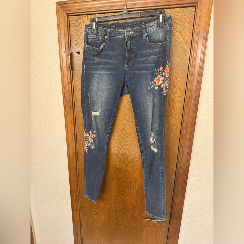 Miss Me Dark Blue Skinny Jeans with Floral Embroidery